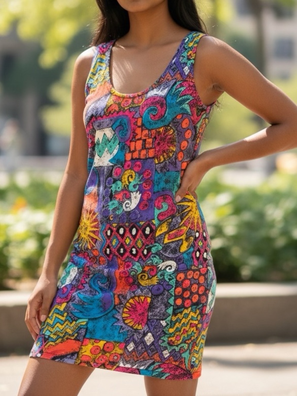 Vintage 90’s LIP GLOSS Colorful Abstract Print Tank Dress Sz M